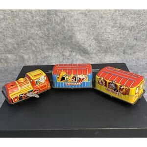 Vintage Japanese Tin Toy Steam Locomotive, Wind Up Animal Train, 10.5” Long